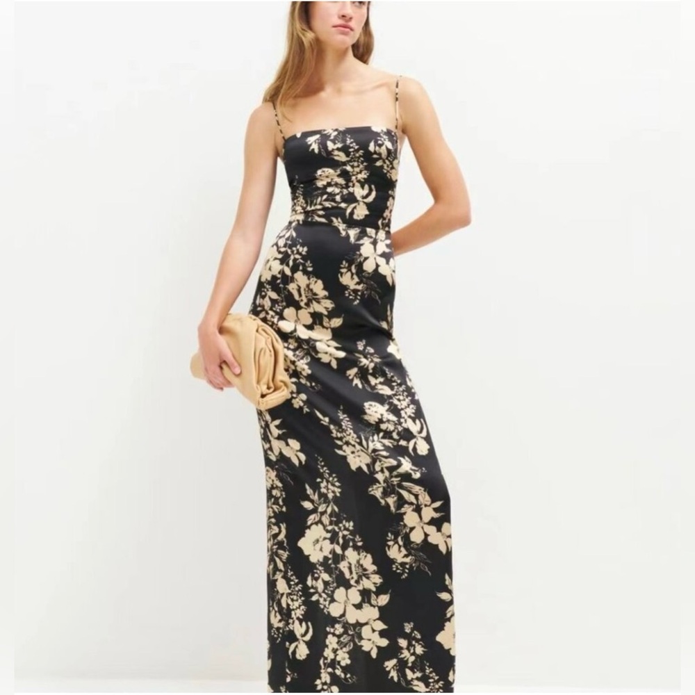 NWOT Reformation Frankie Silk Dress in Gisele Black Golden Floral Maxi